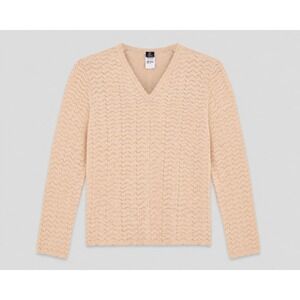 Absolutely Cotton Vintage Peach Pointelle V-Neck Knit Sweater Scalloped Hem NWT